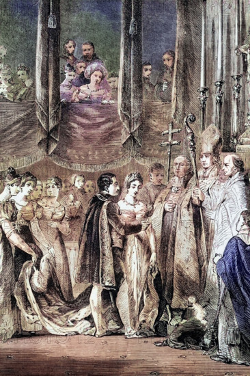 The wedding of Emperor Napoleon I with Marie Louise. daughter of Francis I. Emperor of Austria. in February 1810 in the Salon Carre-Chapelle in the Louvre. Paris. France. digital reproduction of a historical original