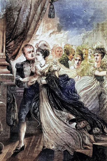Emperor Bonaparte and Empress Marie Louise flee from a fire during a ball hosted by the Austrian ambassador in 1810. digital reproduction of a historical original