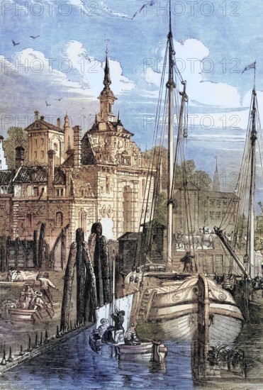 The port of Rotterdam in 1820 in the Netherlands. digital reproduction of a historical original