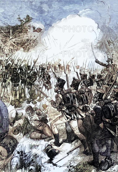 The Battle of Albuera was a decisive battle on 16 May 1811 during the Spanish War of Independence. A mixed Spanish. British. and Portuguese corps attacked parts of the French Army du Midi about 20 kilometers south of the border fortress town of Badajoz in Spain. Digital reproduction of a historical original.
