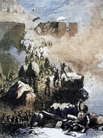 The storming of the fortress of Ciudad Rodrigo. perched on a rocky hill on the right bank of the Agueda River in the province of Salamanca in western Spain. As an important border fortress. it was the scene of a ten-day siege by the Duke of Wellington. Its capture from the French opened the invasion of Spain in 1812. Digital reproduction of a historical original.