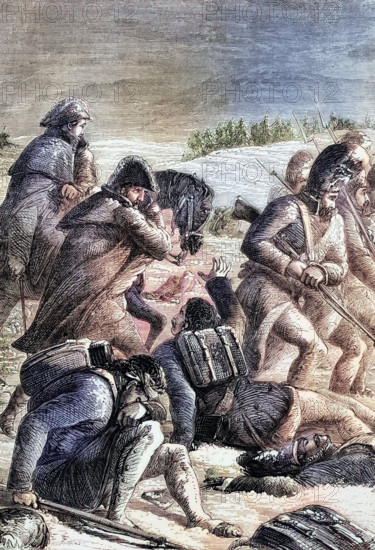 October 19. 1812. just one month after Napoleon Bonaparte's massive invasion force entered a burning and deserted Moscow. the starving French army was confronted by the Russian winter and forced to make a hasty retreat. digital reproduction of a historical original