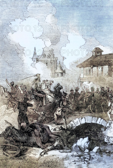 A clash in the village of Kaya in Germany during the Battle of Lützen (1812-13). in which a coalition of Austria. Prussia. Russia. the United Kingdom. Portugal. Sweden. Spain and several German states finally defeated France and drove Napoleon into exile on the island of Elba. digital reproduction of a historical original
