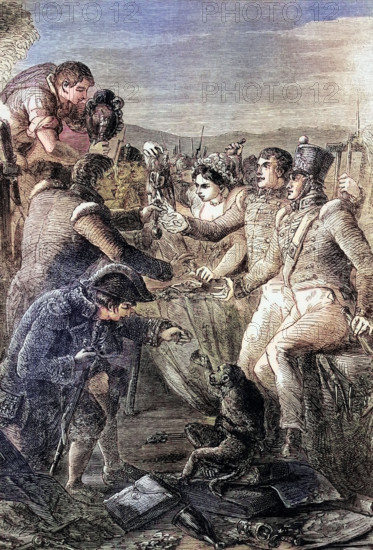 English and Spanish troops divide the spoils after the Battle of Vitoria (June 21. 1813). when an allied British. Portuguese. and Spanish army under General Marquess of Wellington (Duke of Wellington) defeated the French army. ultimately leading to victory in the Spanish Peninsular War. digital reproduction of a historical original