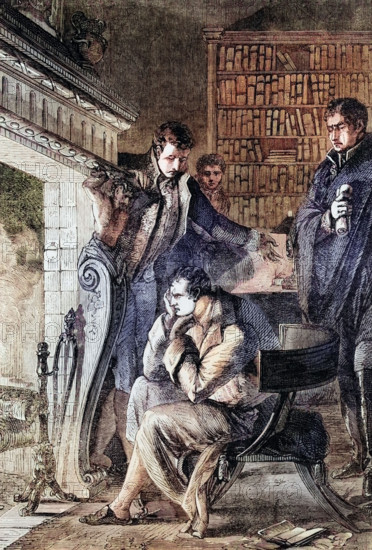 Napoleon Bonaparte at Fountainbleau before his abdication after the Treaty of Fontainebleau and his exile to Elba. an island in the Mediterranean Sea. 20 km off the Tuscan coast. France. digital reproduction of a historical original