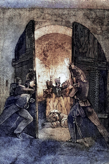 An attack on Chateau D'hougoumon. a large farmhouse at the foot of a steep slope near the Nivelles road in Braine-l'Alleud. near Waterloo. Belgium. in 1815. digital reproduction of a historical original