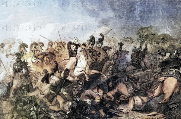 The charge of Lord Somerset's Heavy Brigade during the Battle of Waterloo. which led to the defeat of the French army under Napoleon Bonaparte on Sunday. 18 June 1815. digital reproduction of a historical original