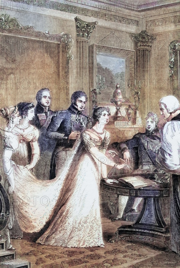 The wedding of Princess Charlotte of Wales and Prince Leopold of Saxe-Coburg on 2 May 1816. digital reproduction of a historical original