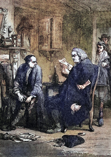 Dr. Samuel Johnson reads the manuscript of Oliver Goldsmith's The Vicar of Wakefield. one of the most popular and widely read novels of the 18th century. England. digital reproduction of a historical original