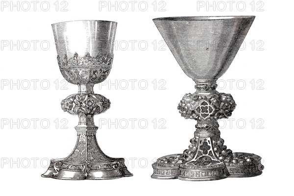 Two richly decorated chalices with enamels and filigree ornaments.