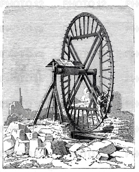 Lifting loads in quarries by a wheel.