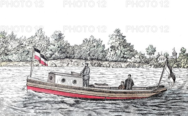 Motorboat powered by a petroleum engine.