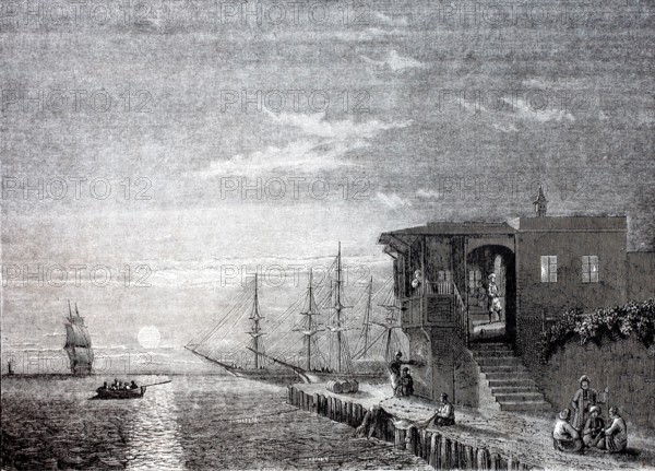 Turkish coffee house at the harbor of Rhodes in the evening.