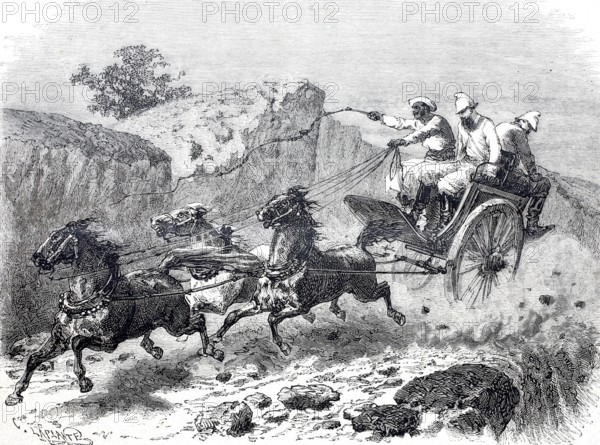 An express mail coach in the East Indies in 1870 at full speed.