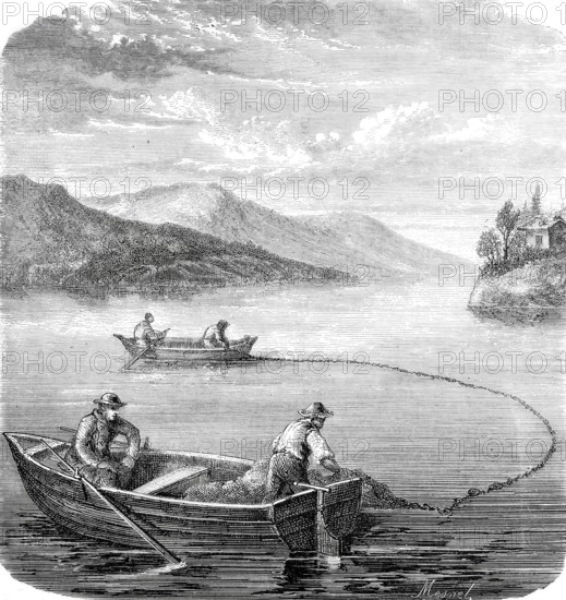 Fishermen on Lake Constance catching bluefish.