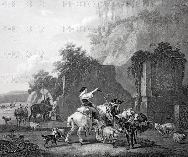 Rural scene with a peasant woman on horseback.
