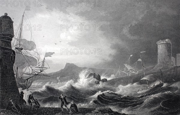 Harbor entrance in stormy sea.