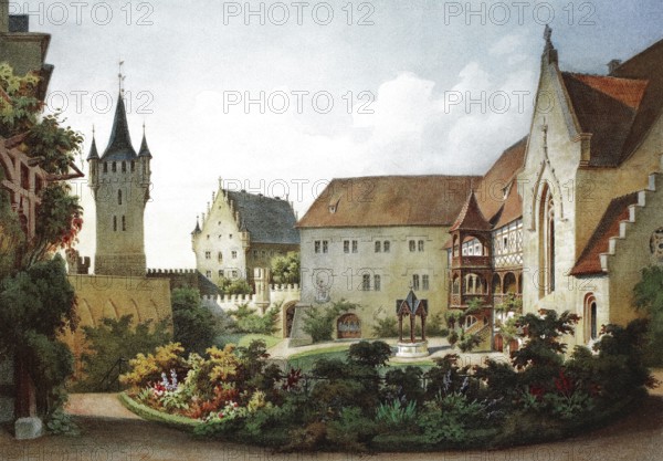 Castle courtyard of Veste Coburg in 1864. Coburg. Upper Franconia. Bavaria. Germany. Historical. digitally restored reproduction from a 19th-century original