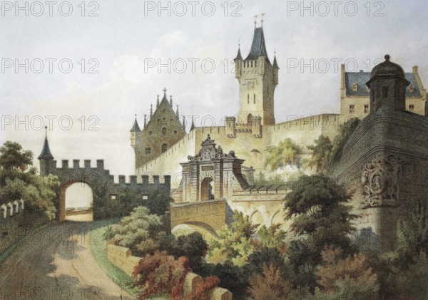 Veste Coburg in 1864. Coburg. Upper Franconia. Bavaria. Germany. Historical. digitally restored reproduction from a 19th-century original