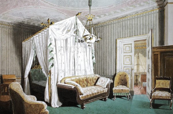 Queen Victoria's bedroom in Ehrenburg Castle. 1860. Coburg. Upper Franconia. Bavaria. Germany. Historical. digitally restored reproduction from a 19th-century original