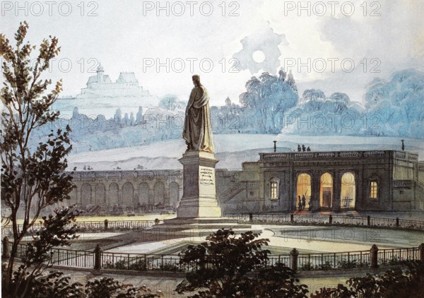 Castle square with arcades. evening. 1860. Coburg. Upper Franconia. Bavaria. Germany. Historical. digitally restored reproduction from a 19th-century original