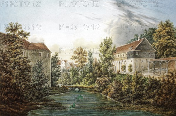 Ehrenburg Castle. ballroom and moat in 1820. Coburg. Upper Franconia. Bavaria. Germany. Historical. digitally restored reproduction from a 19th-century original