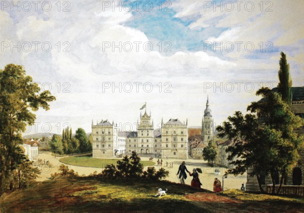 Ehrenburg Castle in 1845. Coburg. Upper Franconia. Bavaria. Germany. Historical. digitally restored reproduction from a 19th-century original