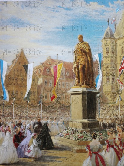 Queen Victoria laying a wreath before the statue of the Prince Consort. 26 August 1845. Coburg. Upper Franconia. Bavaria. Germany. Historical. digitally restored reproduction from a 19th-century original