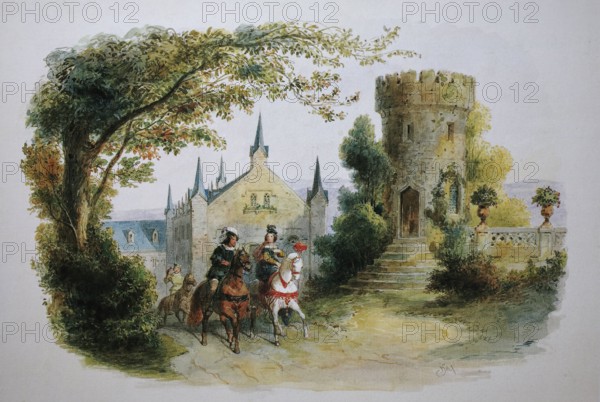 In the park of Rosenau Castle. 1845. Coburg. Upper Franconia. Bavaria. Germany. Historical. digitally restored reproduction from an original from the 19th century