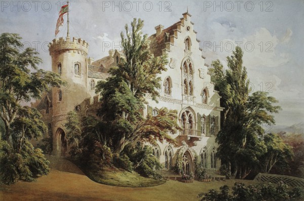 Rosenau Castle. 1845. Coburg. Upper Franconia. Bavaria. Germany. Historical. digitally restored reproduction from a 19th-century original