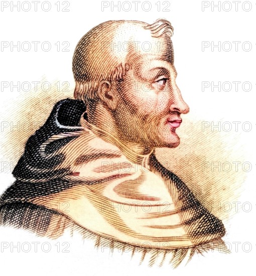 Thomas Aquinas (born shortly before or shortly after New Year 1225 at Roccasecca Castle near Aquino in Italy. died March 7. 1274 in Fossanova. also called Thomas Aquinas. ""the Aquinat(e)"" or just Thomas. Italian Tommaso d'Aquino) was an Italian Dominican. an influential philosopher and an important Catholic theologian and priest. from the book Crabbe's Historical Dictionary. 1825. Historical. colored. digitally restored reproduction from an original from the 19th century