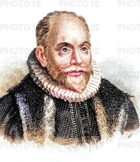 Jacob(us) Arminius. actually Harmensz (born 10 October 1560 in Oudewater. died 19 October 1609 in Leiden) was a Protestant theologian and professor in the Netherlands. from the book Crabbe's Historical Dictionary. 1825. Historical. colored. digitally restored reproduction from an original from the 19th century