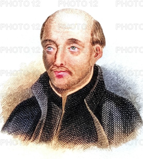 Ignatius of Loyola SJ (born 1491 at Loyola Castle. Basque Country. Kingdom of Castile. died 31 July 1556 in Rome) was a co-founder of the Society of Jesus. later known as the Jesuit Order. from the book Crabbe's Historical Dictionary. 1825. Historical. colored. digitally restored reproduction from an original from the 19th century