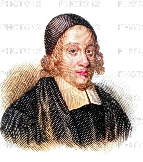 John Lightfoot (born 29 March 1602 in Stoke-upon-Trent. died 6 December 1675 in Ely) was a British Hebraist. minister and college rector. from the book Crabbe's Historical Dictionary. 1825. Historical. colored. digitally restored reproduction from an original from the 19th century