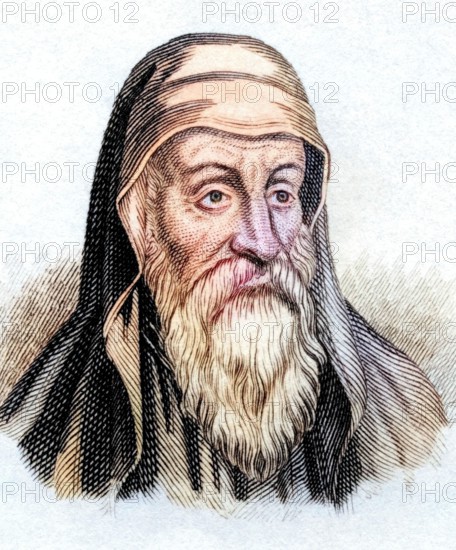 Origen (born 185 in Alexandria. died 253 or 254 probably in Tyre) was an early Christian Bible commentator and Platonist. from the book Crabbe's Historical Dictionary. 1825. Historical. colored. digitally restored reproduction from a 19th-century original