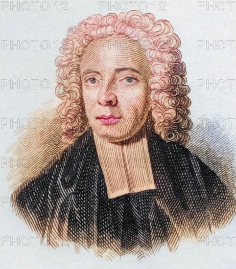 Daniel Cosgrove Waterland. 1683 to 1740. English Theologian. from the book Crabbe's Historical Dictionary. 1825. Historical. colored. digitally restored reproduction from an original from the 19th century
