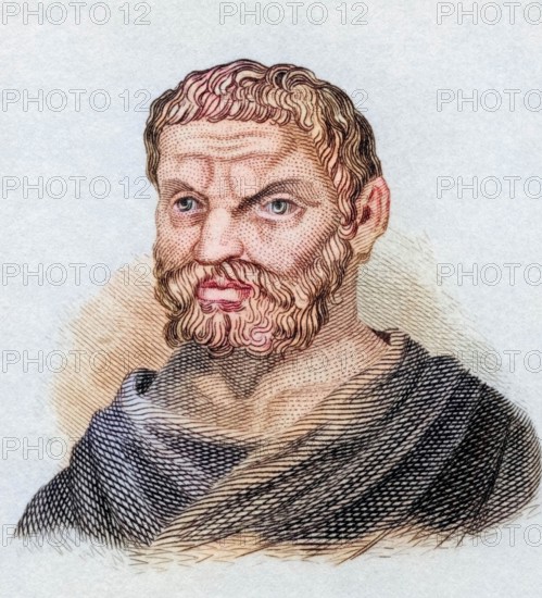 Thales of Miletus (born probably around 624/23 BC in Miletus. died between 548 and 544 BC there) was a pre-Socratic natural philosopher. geometer and astronomer of archaic Greece. from the book Crabbe's Historical Dictionary. 1825. Historical. colored. digitally restored reproduction from a 19th-century original