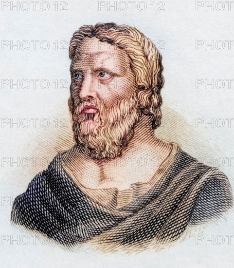 Heraclitus of Ephesus (born around 520 BC. died around 460 BC) was a pre-Socratic philosopher from the Ionian city of Ephesus. Historical. colored. digitally restored reproduction from a 19th-century original
