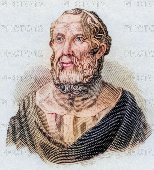 Plato. Plato (born 428/427 BC in Athens or Aegina. died 348/347 BC in Athens) was an ancient Greek philosopher. from the book Crabbe's Historical Dictionary. 1825. Historical. colored. digitally restored reproduction from an original from the 19th century
