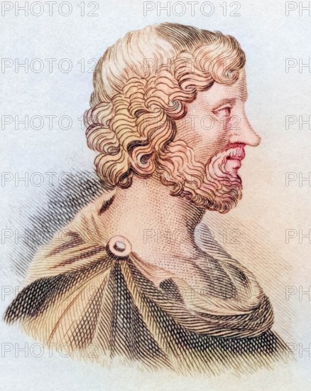 Aristippus of Cyrene (born circa 435 BC in Cyrene. died circa 355 BC) was a Greek ancient philosopher. from the book Crabbe's Historical Dictionary. 1825. Historical. colored. digitally restored reproduction from a 19th-century original