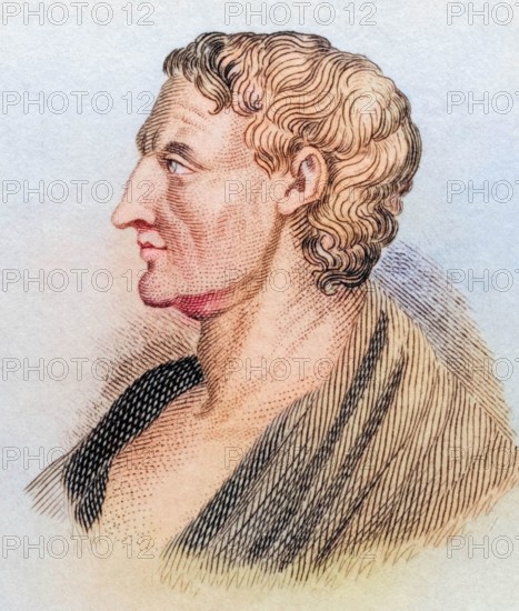 Aristotle (born 384 BC in Stageira. died 322 BC in Chalcis on Euboea) was a Greek polymath. He is one of the most famous and influential philosophers and natural scientists in history. From the book Crabbe's Historical Dictionary. 1825. Historical. colored. digitally restored reproduction from a 19th-century original