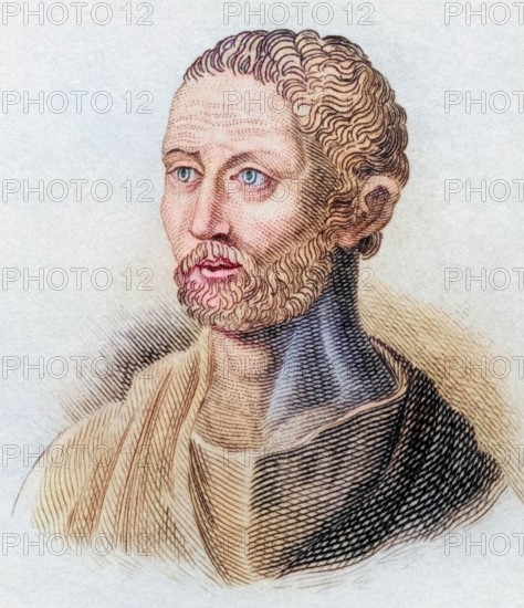 Poseidonius (born 135 BC. died 51 BC) was an important Greek philosopher. historian. and polymath of late Hellenism from Apamea. Syria. From the book Crabbe's Historical Dictionary. 1825. Historical. colored. digitally restored reproduction from an original from the 19th century