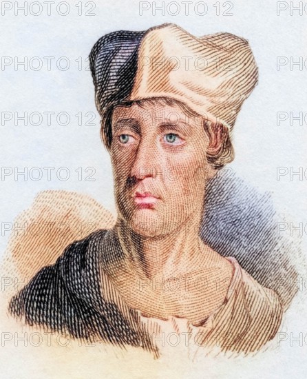 John Leland. Johannes Lelandus. Leyland (born 13 September. around 1503. in London. died 18 April 1552) was an English antiquarian and historian as well as librarian to King Henry VIII. From the book Crabbe's Historical Dictionary. 1825. Historical. colored. digitally restored reproduction from an original from the 19th century