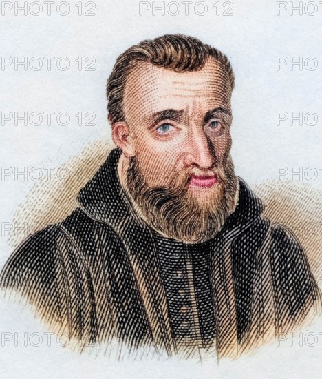 Guy Pancirollus 1523 to 1599. Italian jurist and antiquarian. from the book Crabbe's Historical Dictionary. 1825. historical. colored. digitally restored reproduction from an original from the 19th century