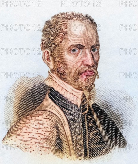 Hubertus Goltzius (born 1526. died 1583). Dutch humanist. numismatist. printer. engraver and painter. from the book Crabbe's Historical Dictionary. 1825. historical. colored. digitally restored reproduction from an original from the 19th century