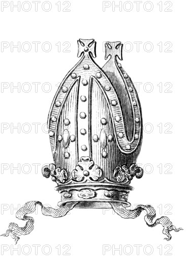 Mitre. the traditional liturgical headgear of bishops in many Christian churches. Historical. digitally restored reproduction from a 19th-century original