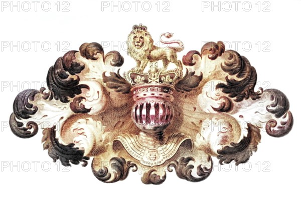 Helmet. coat of arms and cloak or lambrequin of the British sovereign. 1820. England. Historical. digitally restored reproduction from a 19th-century original
