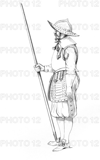 A lancer from the time of Chromwell. from the book The British Army. 1868. Historical. digitally restored reproduction from a 19th-century original