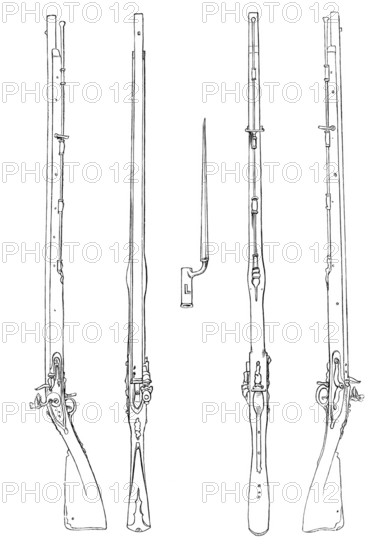 Weapons. muskets with plug bayonet. from the book The British Army. 1868. Historical. digitally restored reproduction from a 19th-century original