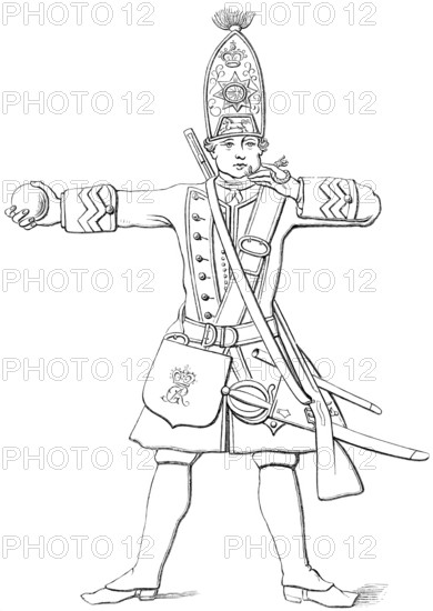 grenadier of His Majesty's 1st Regiment of Foot. 1745. England. from the book The British Army. 1868. Historical. digitally restored reproduction from a 19th-century original